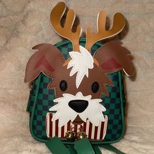 Bath & Body Works Mini Checker Backpack Makeup Bag Reindeer Dog w Bells Like New